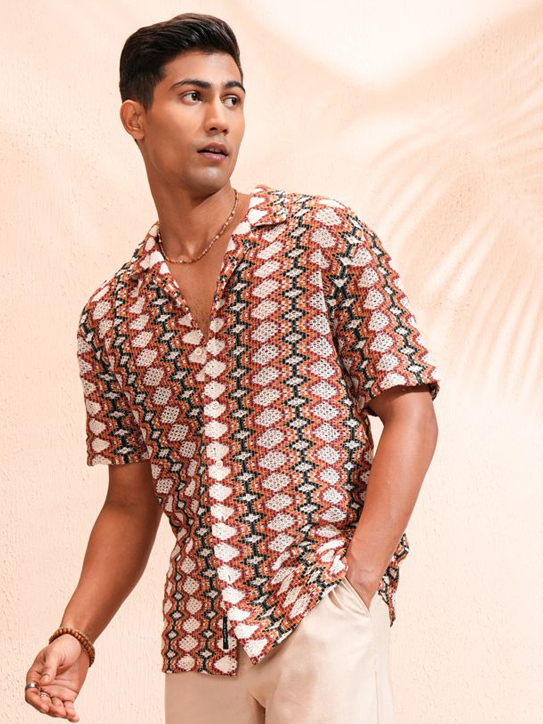 Highlander Men Mui Color Crochet Cuban Collar Relaxed Shirt