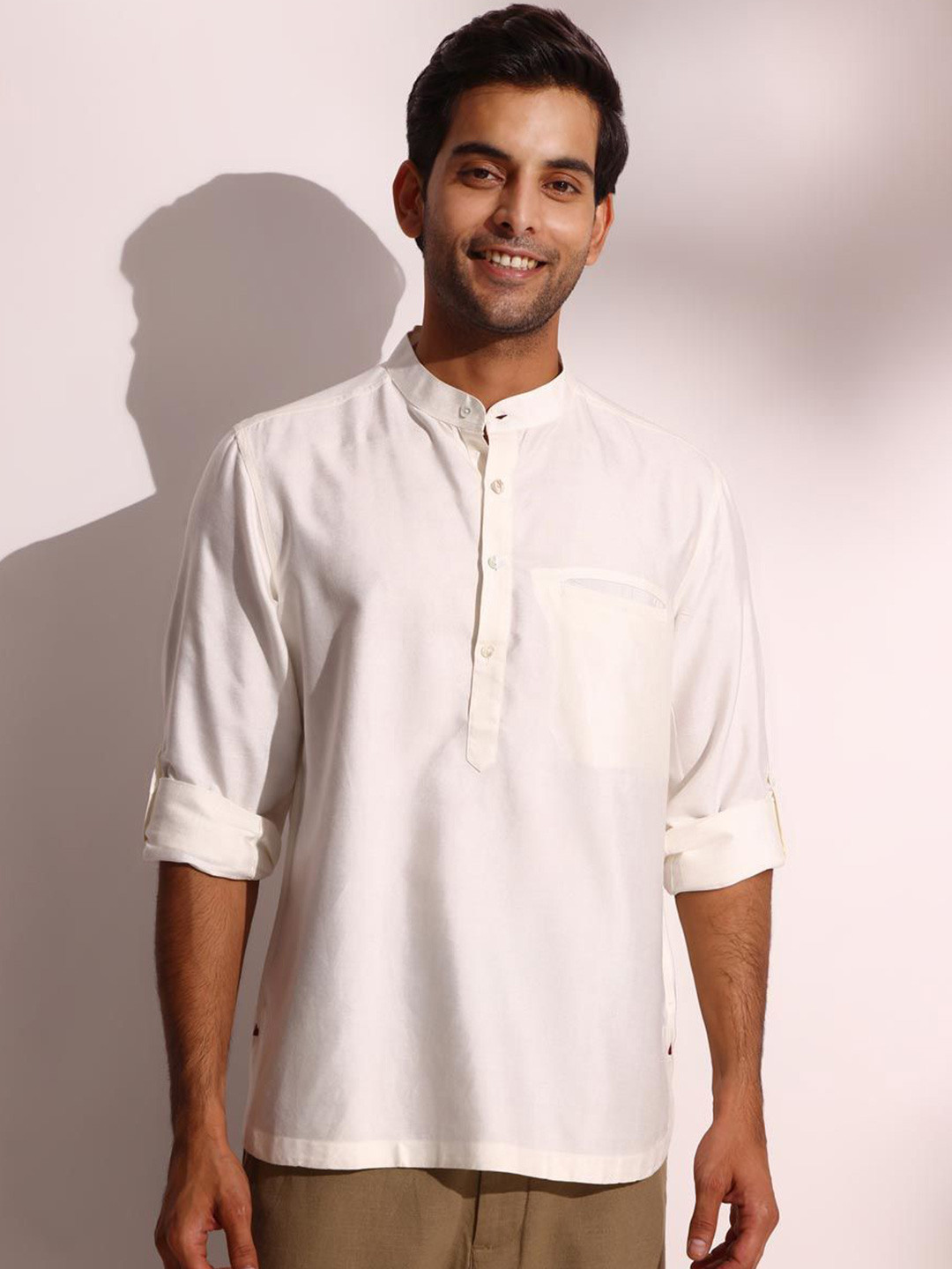 Fabindia Men Band Collar Solid Slim Fit Party Shirt