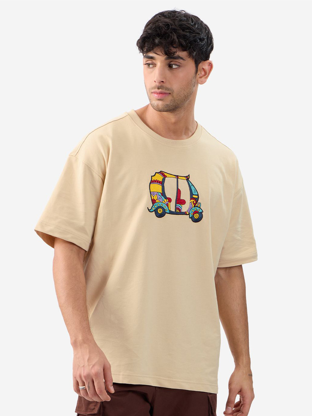 The Souled Store  Men Bloom: Auto Beige Oversized Fit T-Shirt