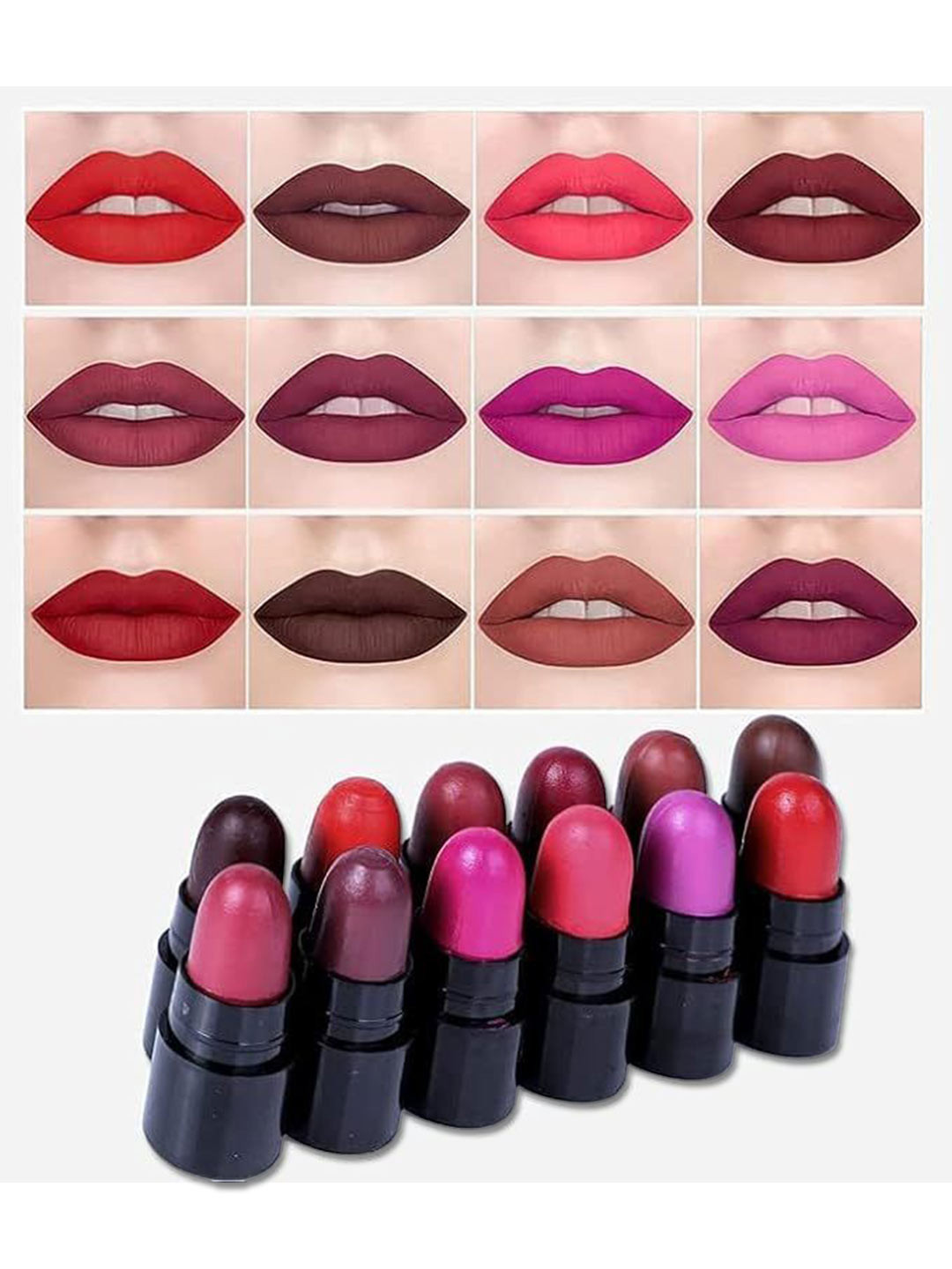 YELGO Set Of 12 Popular Mini Matte Lipsticks - 2.5 g - 01-02-03-04-05-06-07-08-09-10-11-12