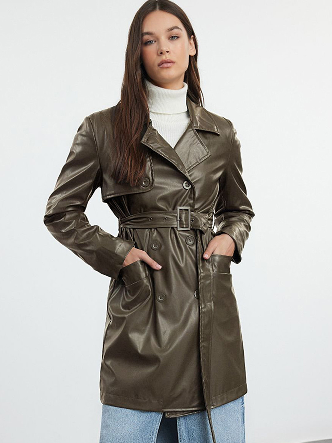 Trendyol Lapel Collar Long Sleeves Leather Jacket