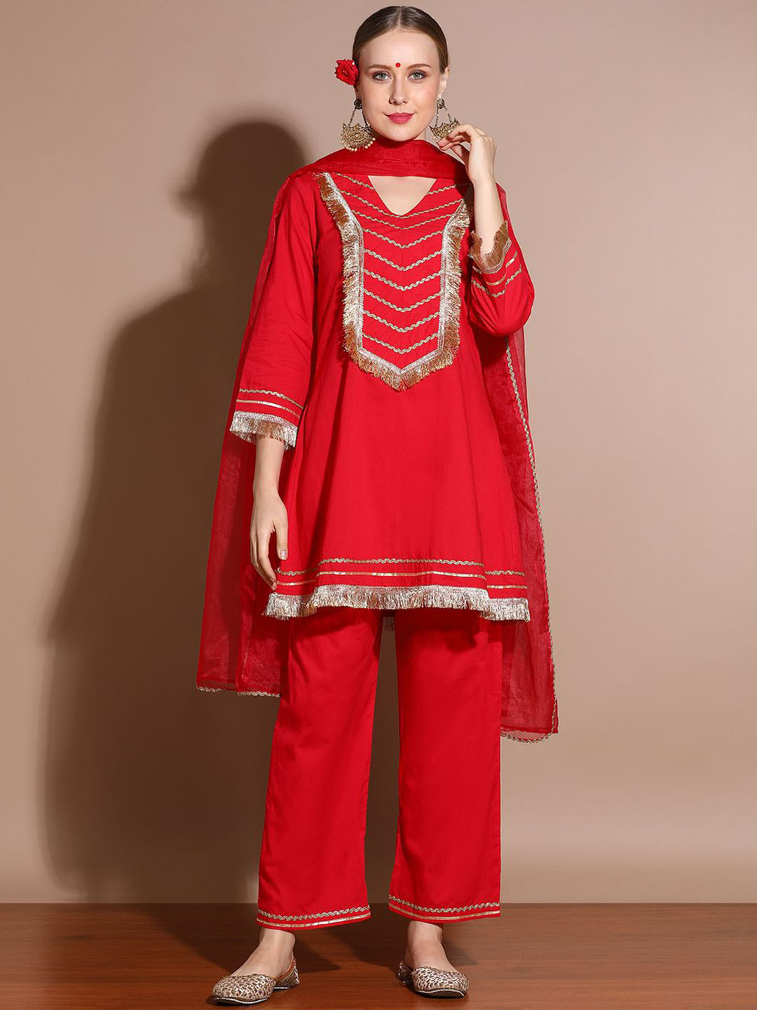 Anouk Red Geometric Embroidered Thread Work Pure Cotton Straight Kurta & Palazzo & Dupatta