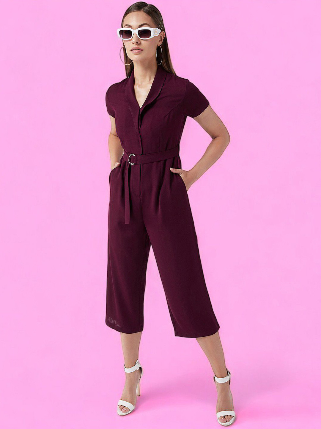 DressBerry Shawl Collar Half Sleeve Solid Straight Leg Regular Jumpsuit