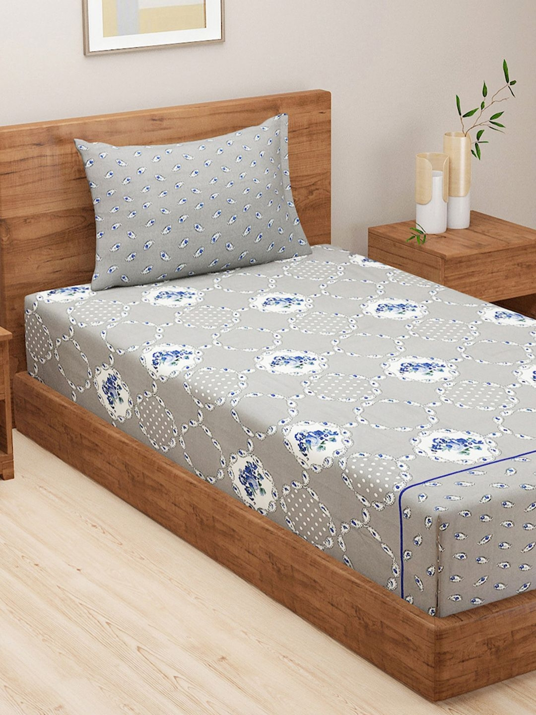 SWAYAM Grey Ethnic Motifs Cotton 144 TC Queen Bedsheet with a Pillow Cover-60 x 90 inches