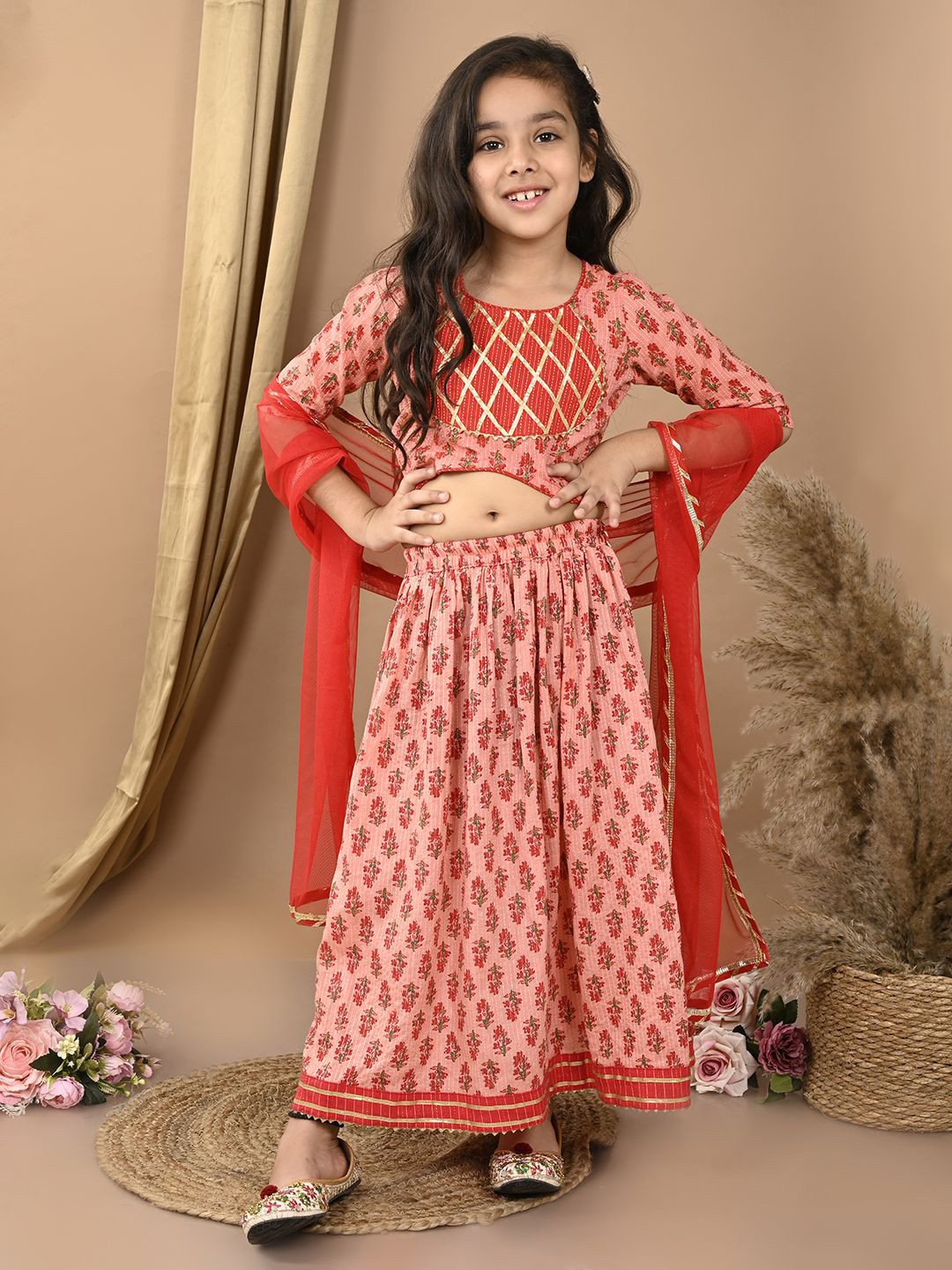 Sangria Peach-Coloured Girls Floral Printed Katha Work Cotton Ready to Wear Lehenga Choli