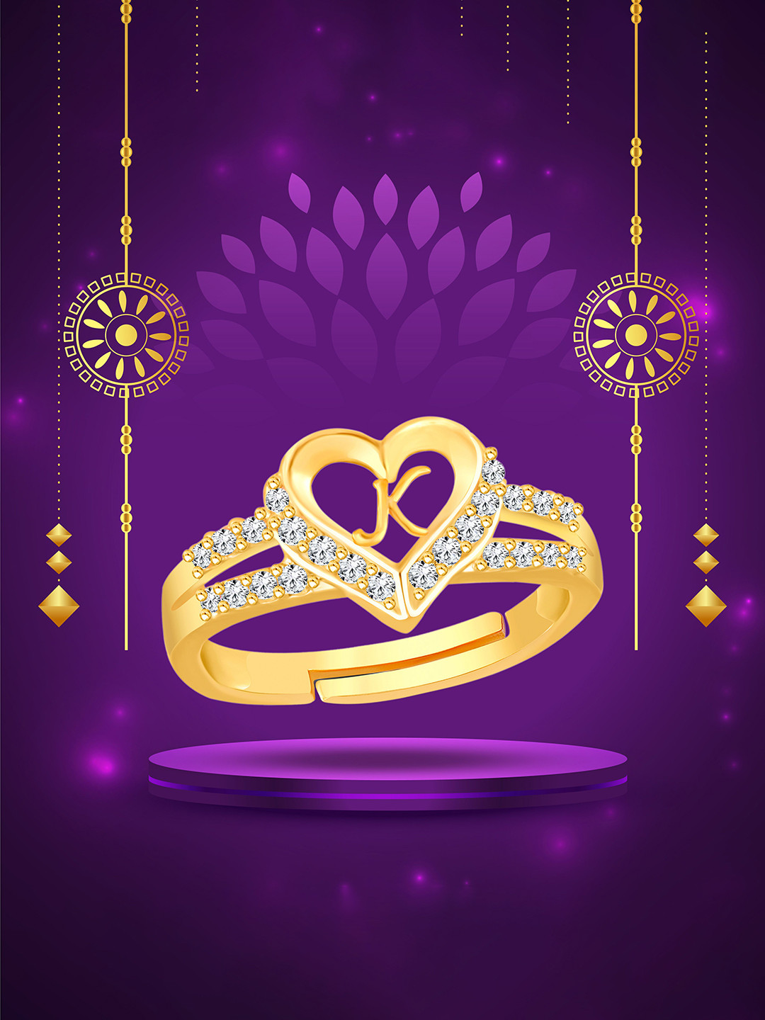 Heer Collection Unisex Gold-Plated AD Stone Studded Alphabet K Adjustable Finger Ring
