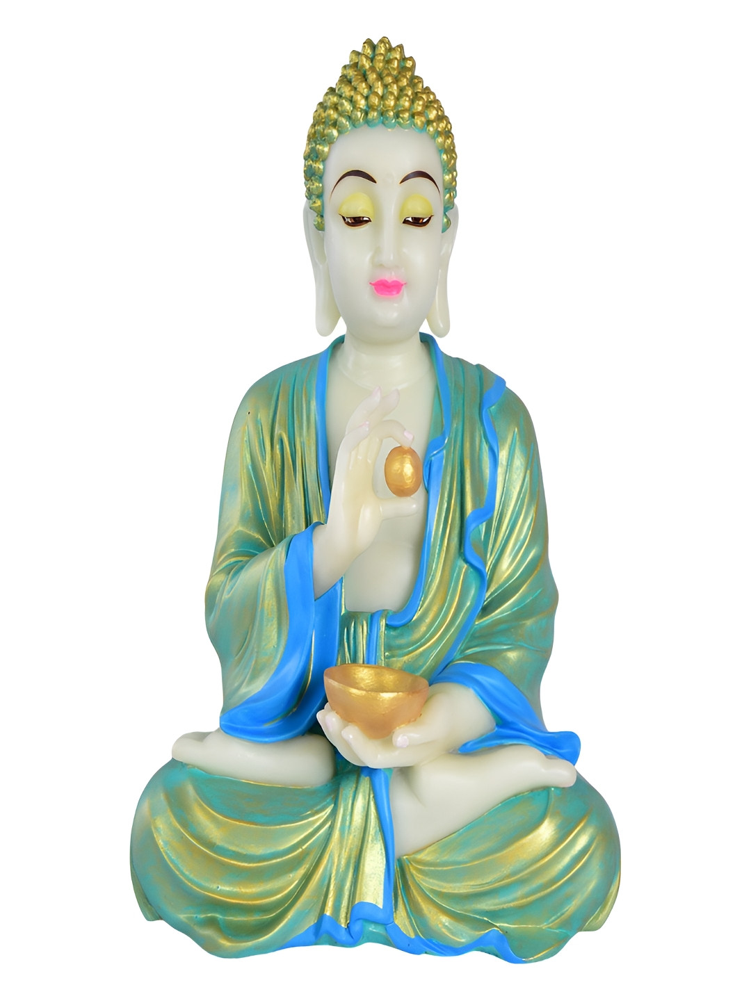Gifts N Greetings Buddha with Bowlin Hand Green Polyresin Natural Prayer Room Waterproof Medium Showpiece - 14.2 Inches