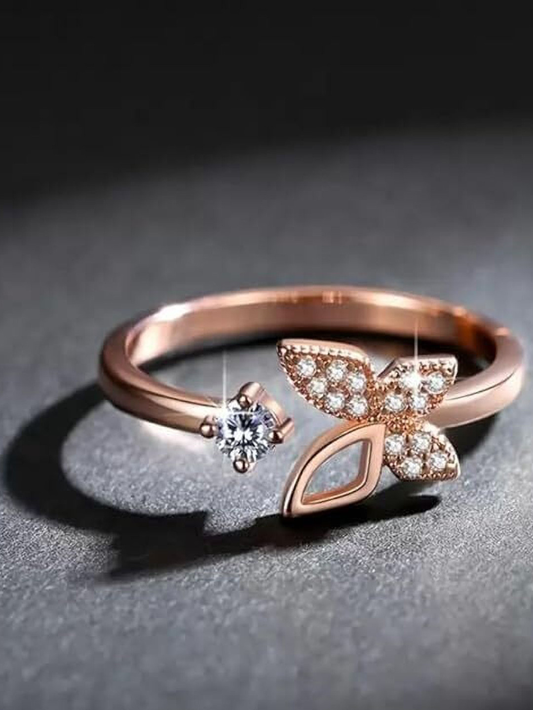 Heer Collection Gold-Plated Wing Butterfly Design Cubic Zirconia Studded Finger Ring