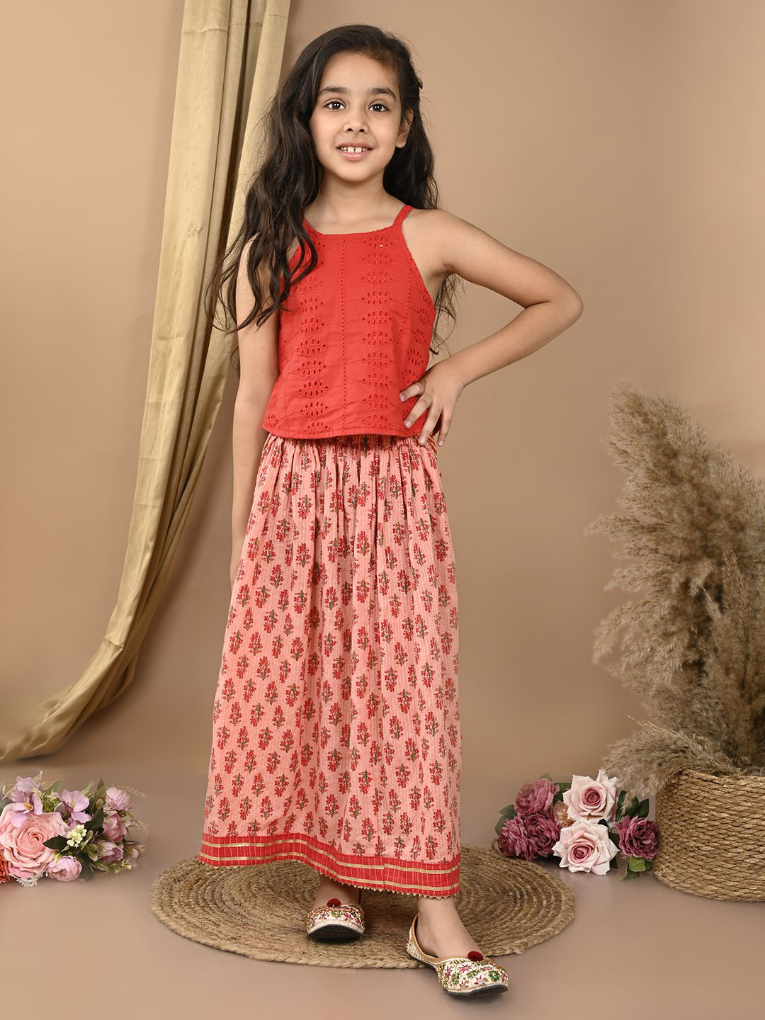 Sangria Peach-Coloured Girls Embroidered Katha Work Cotton Lehenga With Hakoba Blouse
