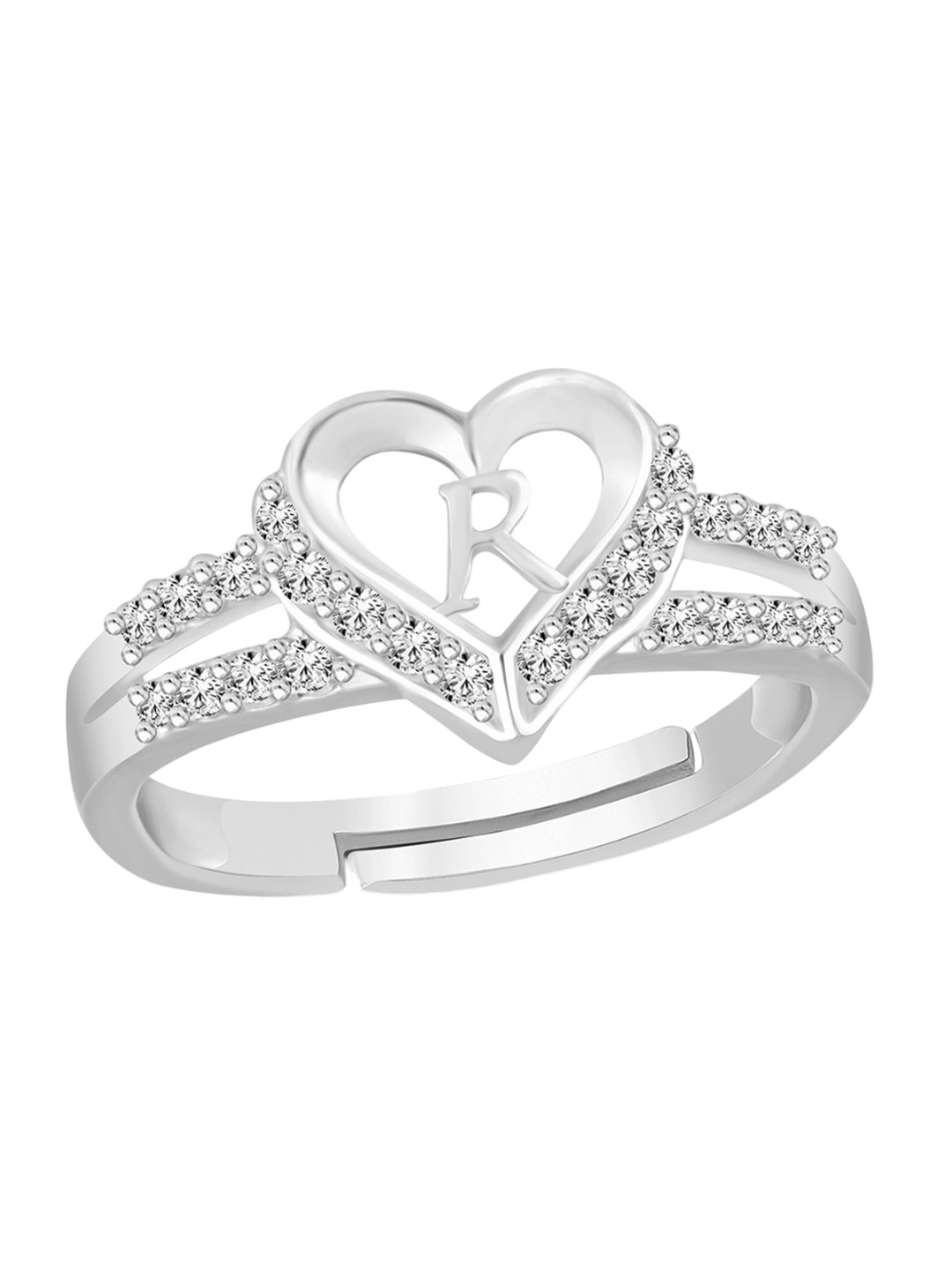 Heer Collection Unisex Silver-Plated AD Stone Studded Alphabet R Adjustable Finger Ring