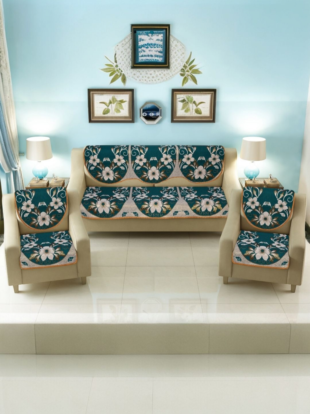 BIGGER FISH Green Printed Cotton Sofa Cover