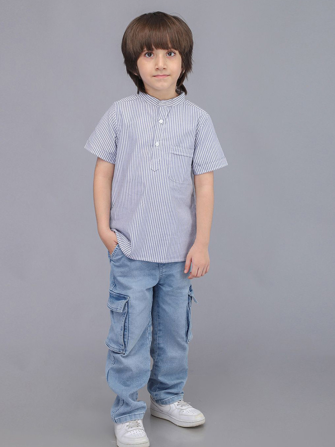 Biglilpeople Boys Standard Mandarin Collar Vertical Striped Cotton Casual Shirt