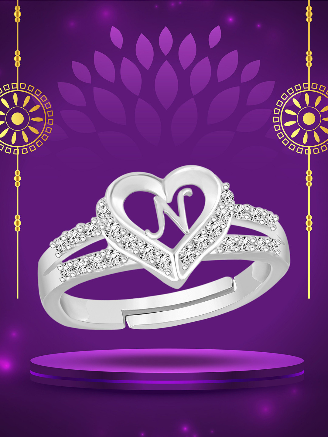 Heer Collection Unisex Silver-Plated AD Stone Studded Alphabet N Adjustable Finger Ring