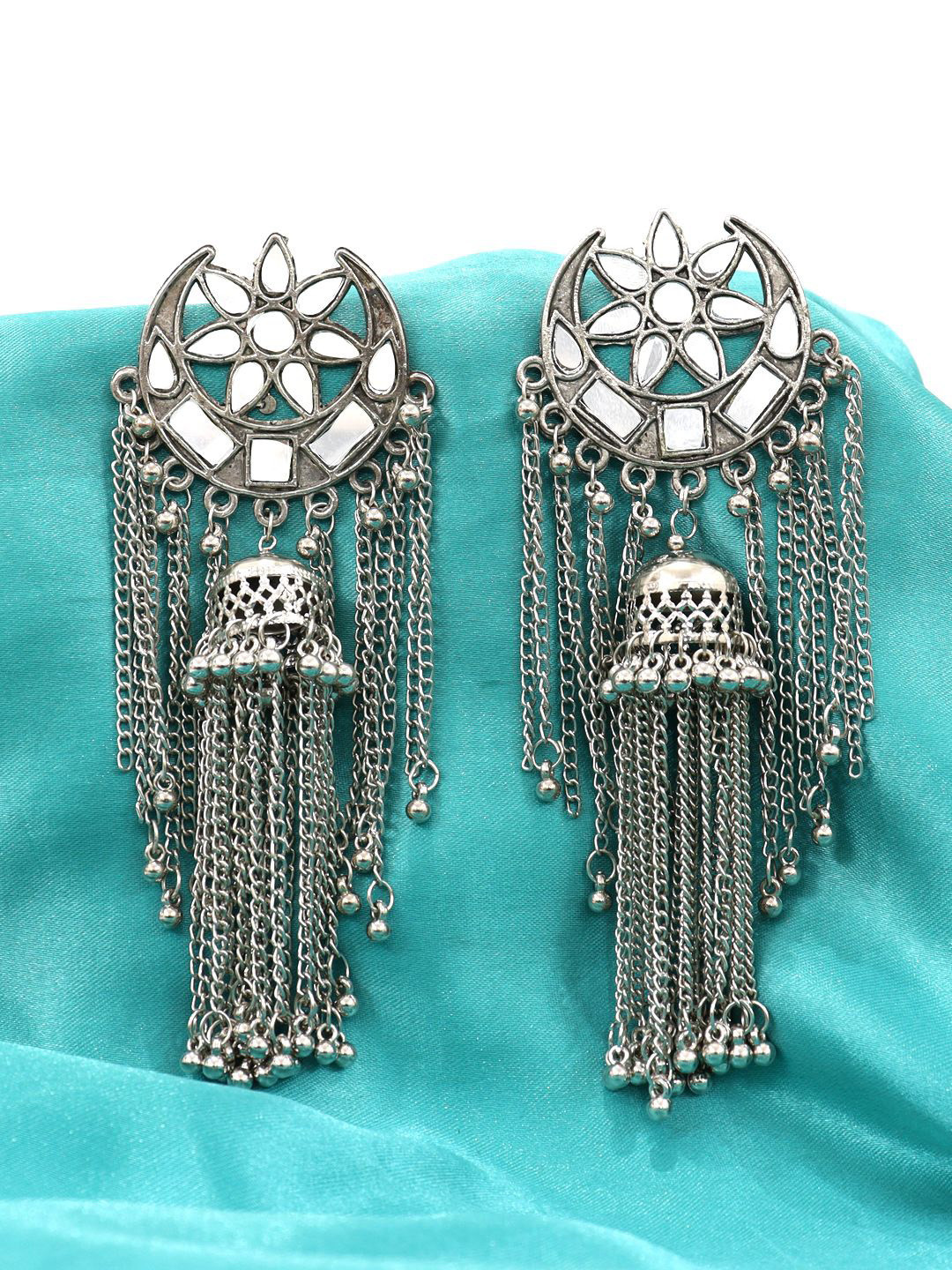VAGHBHATT Silver-Plated Artificial Stones Studded Classic Oxidised Jhumkas