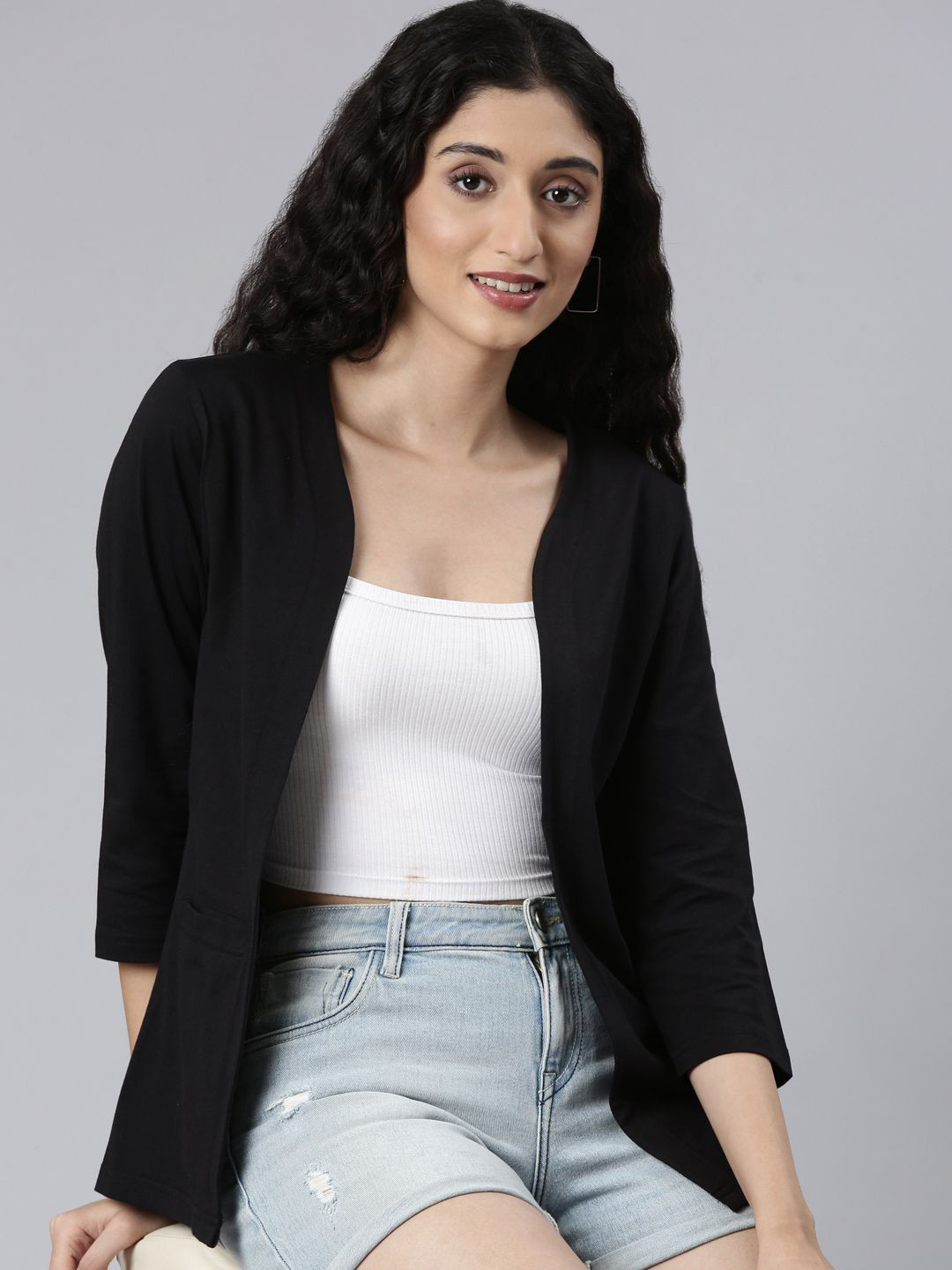 TWIN BIRDS Three-Quarter Sleeves Pure Cotton Open Front Shrug