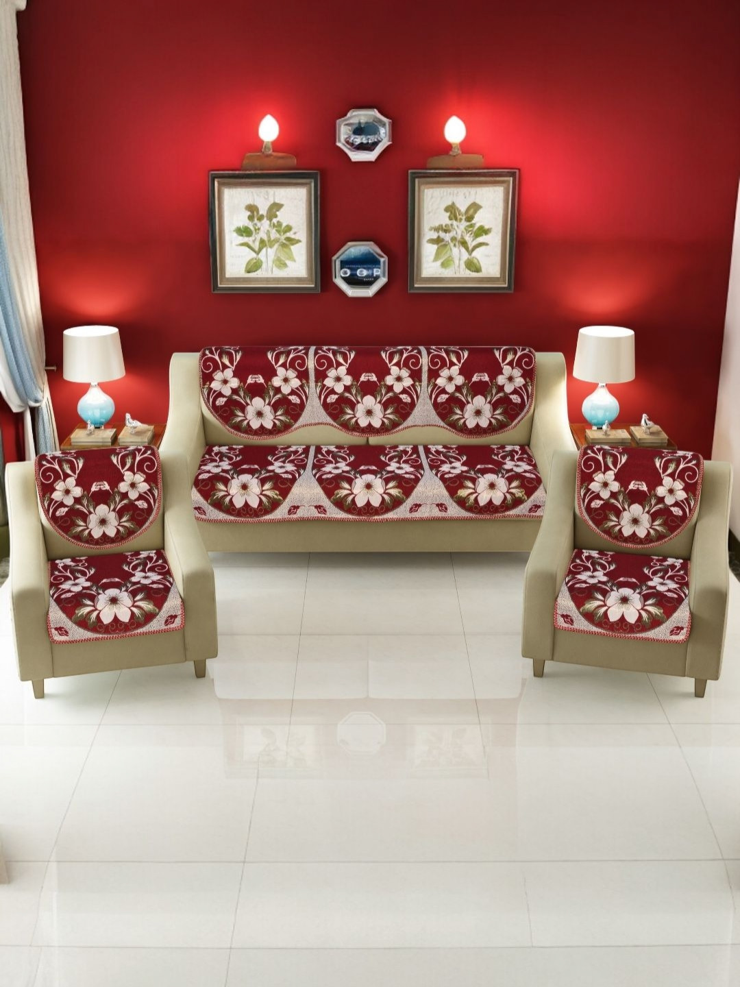 BIGGER FISH Maroon Printed Cotton Sofa Cover