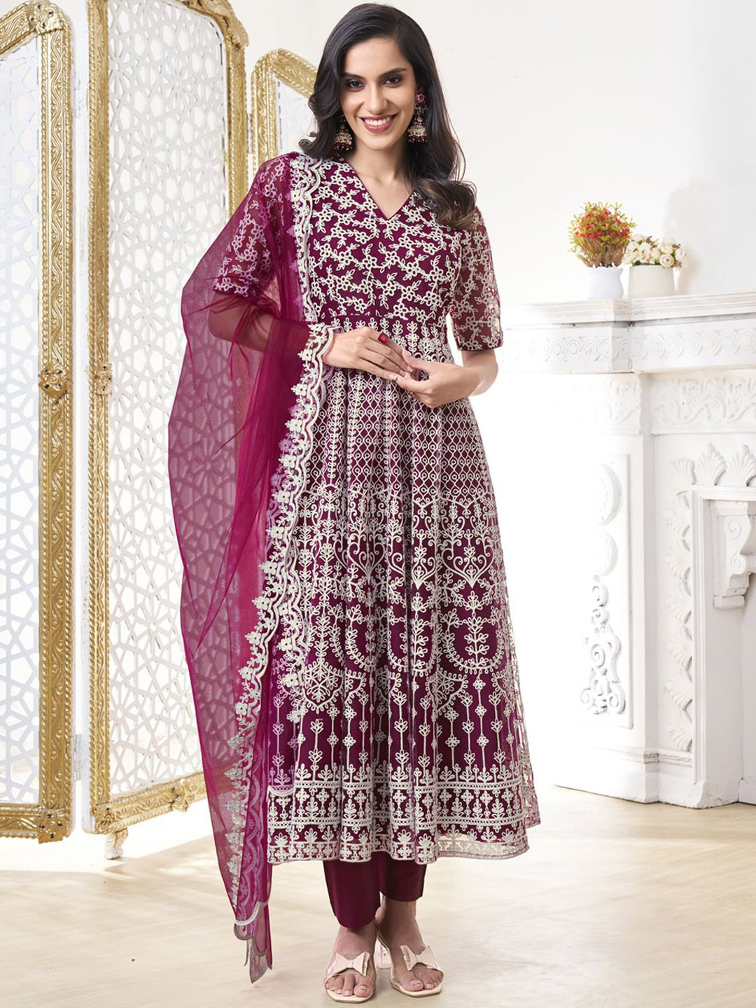 Inddus Floral Embroidered Regular Anarkali Net Kurta With Trouser With Dupatta