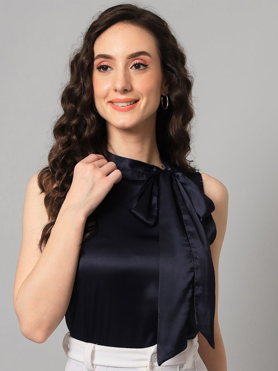PURYS WORKSPACE Women Solid Tie-Up Neck Top