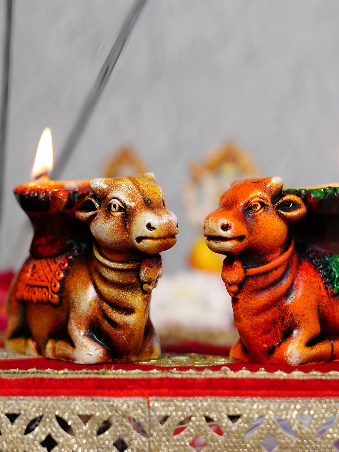 Lupaava 2Pcs Red & Brown Textured Terracotta Clay Diyas