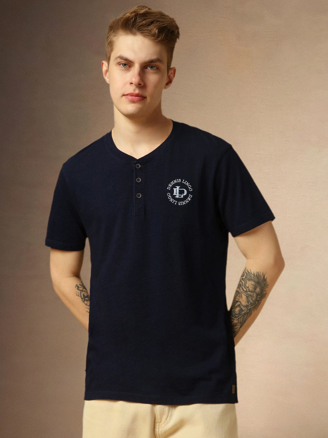 Dennis Lingo Men Biker Henley Neck Applique T-shirt