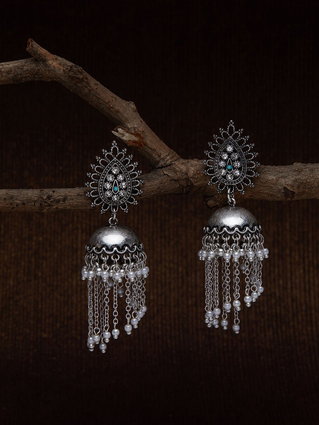 Kalakrith Milano Dome Shaped Pearl Oxidised Jhumkas