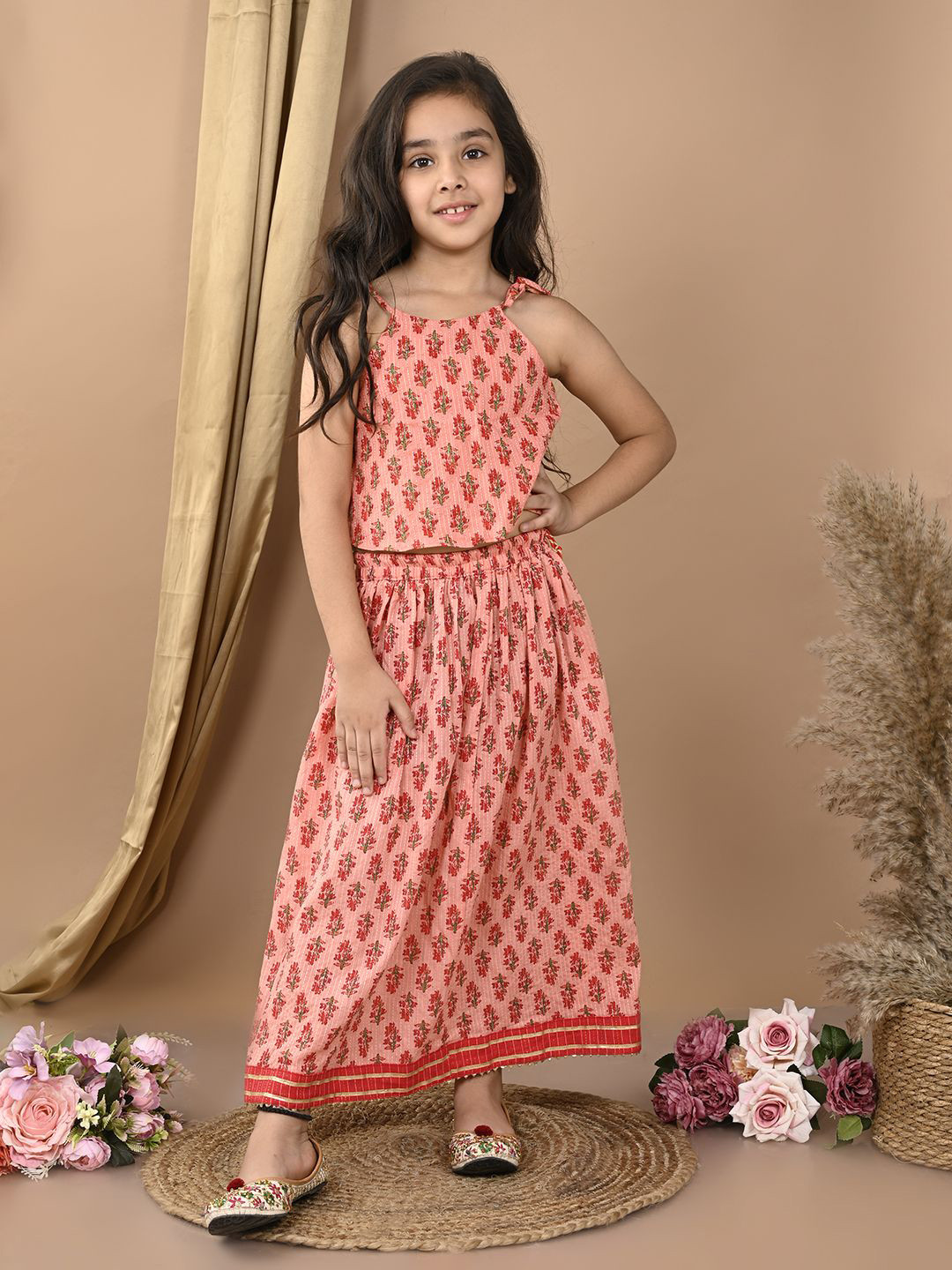 Sangria Red Girls Floral Printed Katha Work Cotton Ready to Wear Lehenga With Blouse