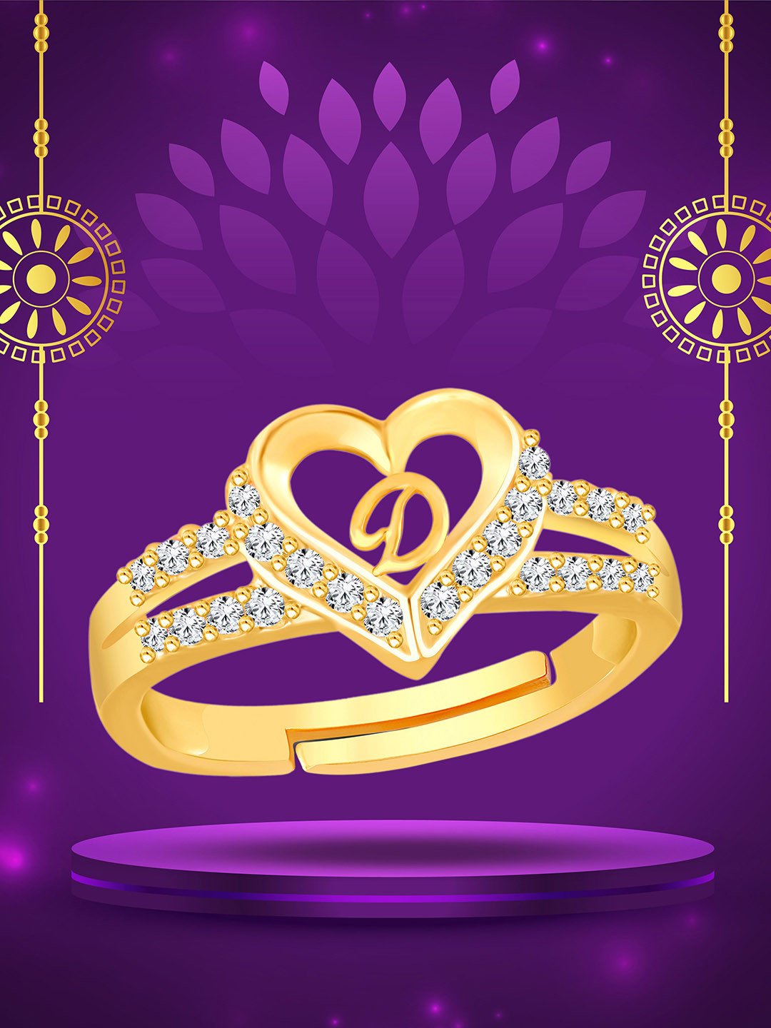 Heer Collection Gold Plated American Diamond Heart Shape D Alphabet Valentine Finger Ring