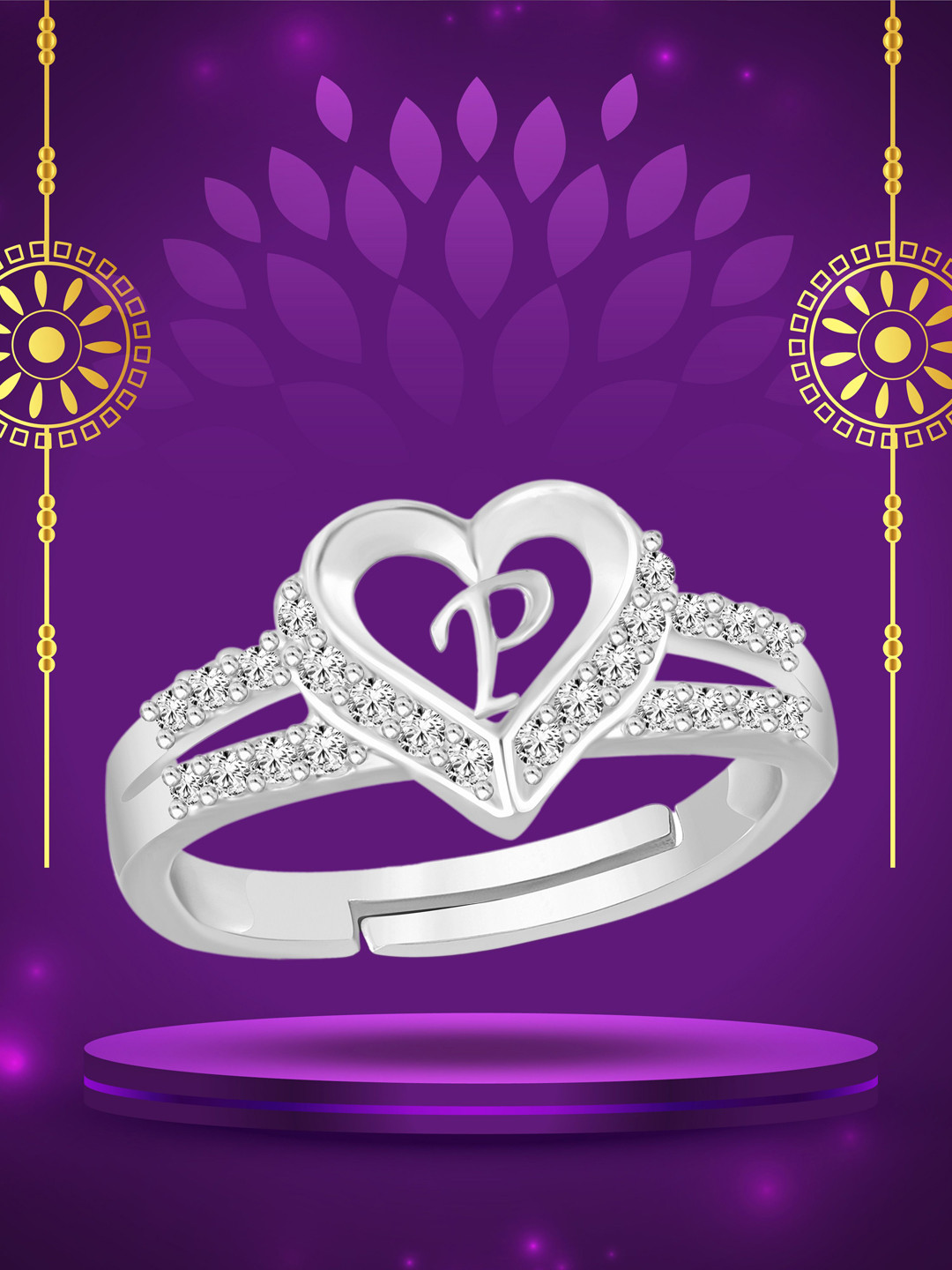 Heer Collection Unisex Silver-Plated AD Stone Studded Alphabet P Adjustable Finger Ring