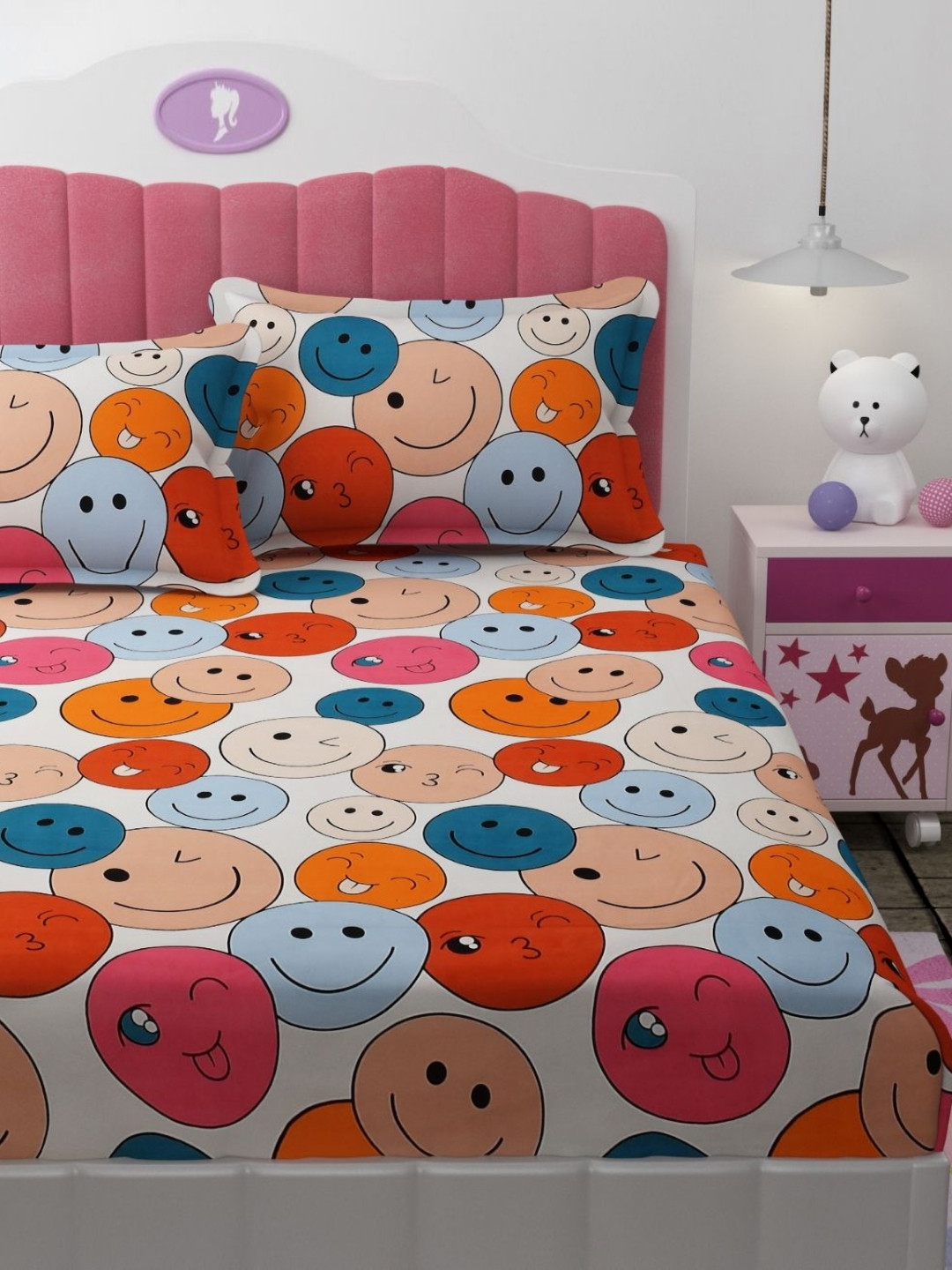 Florida Giggles Kids White Graphic Microfiber Breathable 180 TC King Fine Bedsheet with 2 Pillow Covers-90 x 108 inches