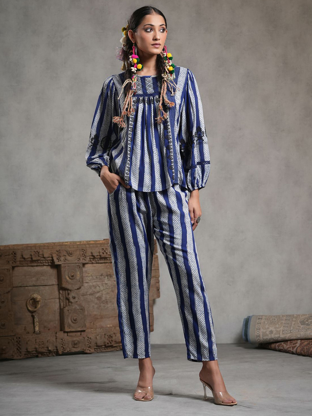 Nyaro Striped & Embroidered Round Neck Lace Work Top With Trousers