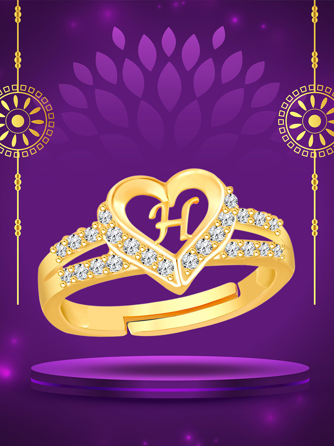 Heer Collection Gold Plated American Diamond Heart Shape H Alphabet Valentine Finger Ring