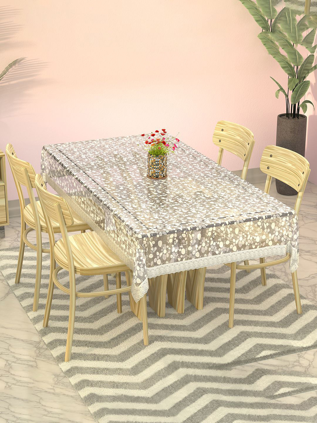 Kuber Industries Transparent & Silver-Toned Floral Printed 4-Seater Table Cover