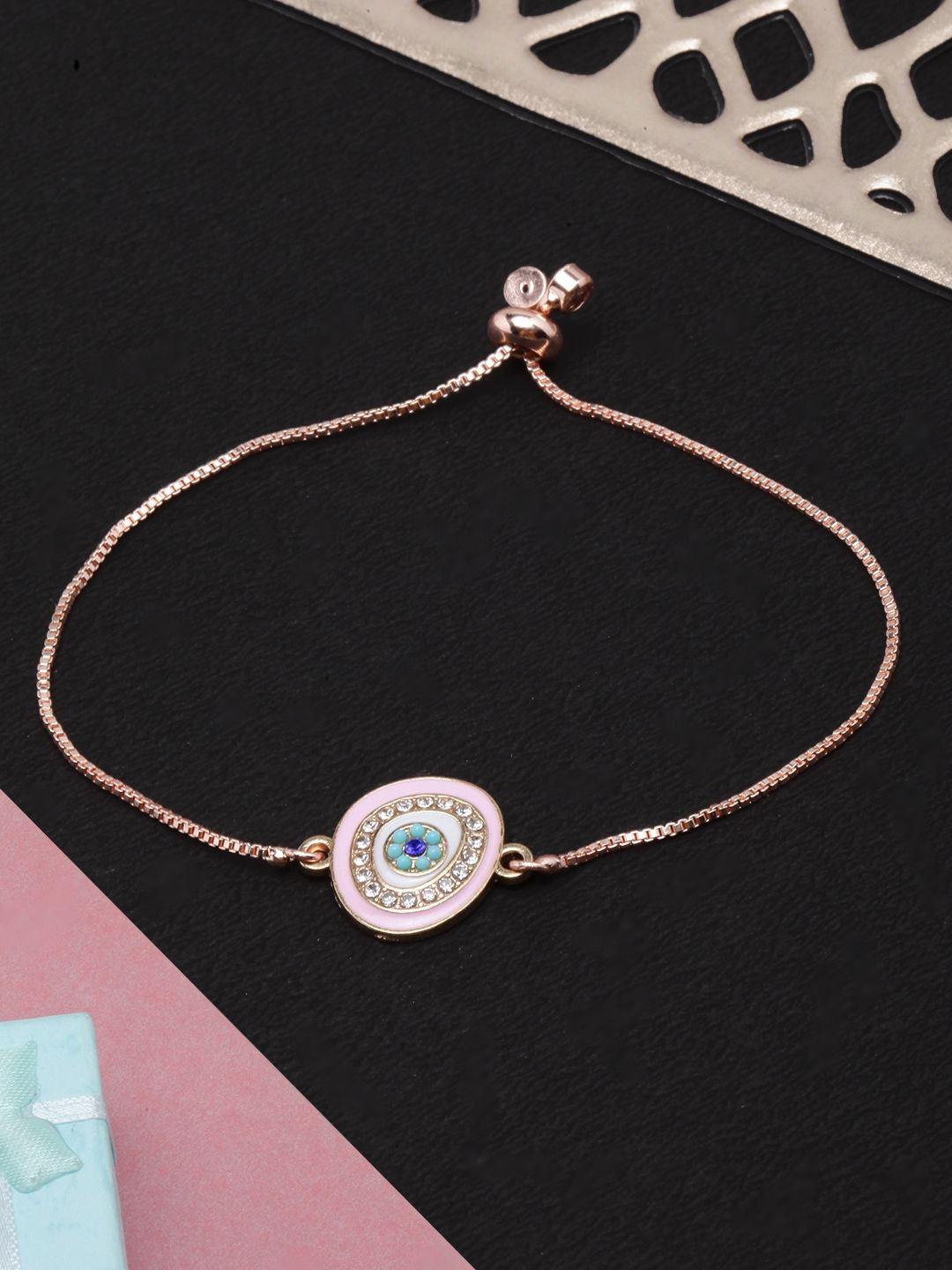 KPOP Rose Gold-Plated Evil Eye Enamelled Stone Studded Wraparound Bracelet