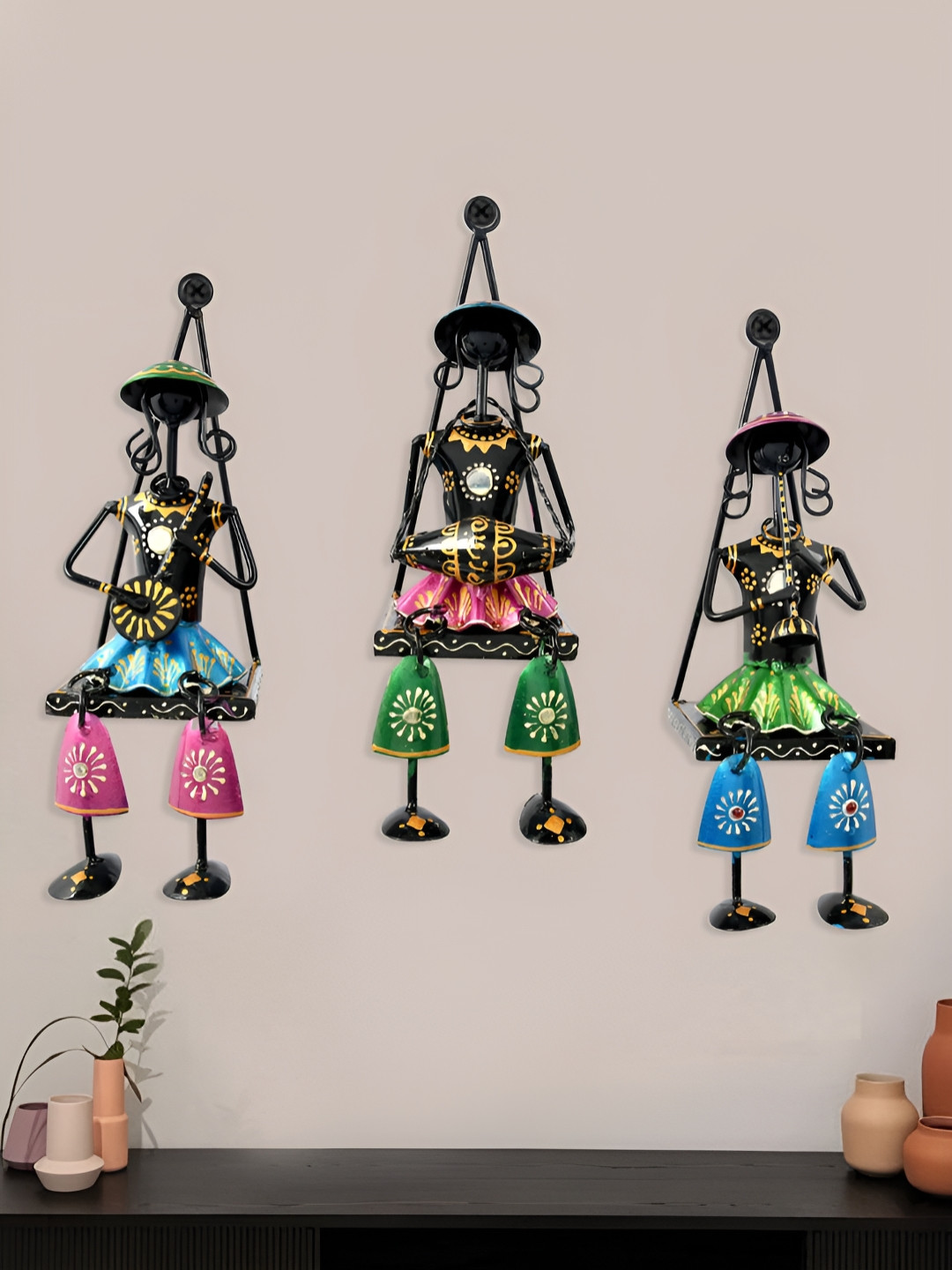 Aapno Rajasthan Separate Metal Ethnic Motifs Glossy Hall 3Pcs Wall Hangings-10.6In