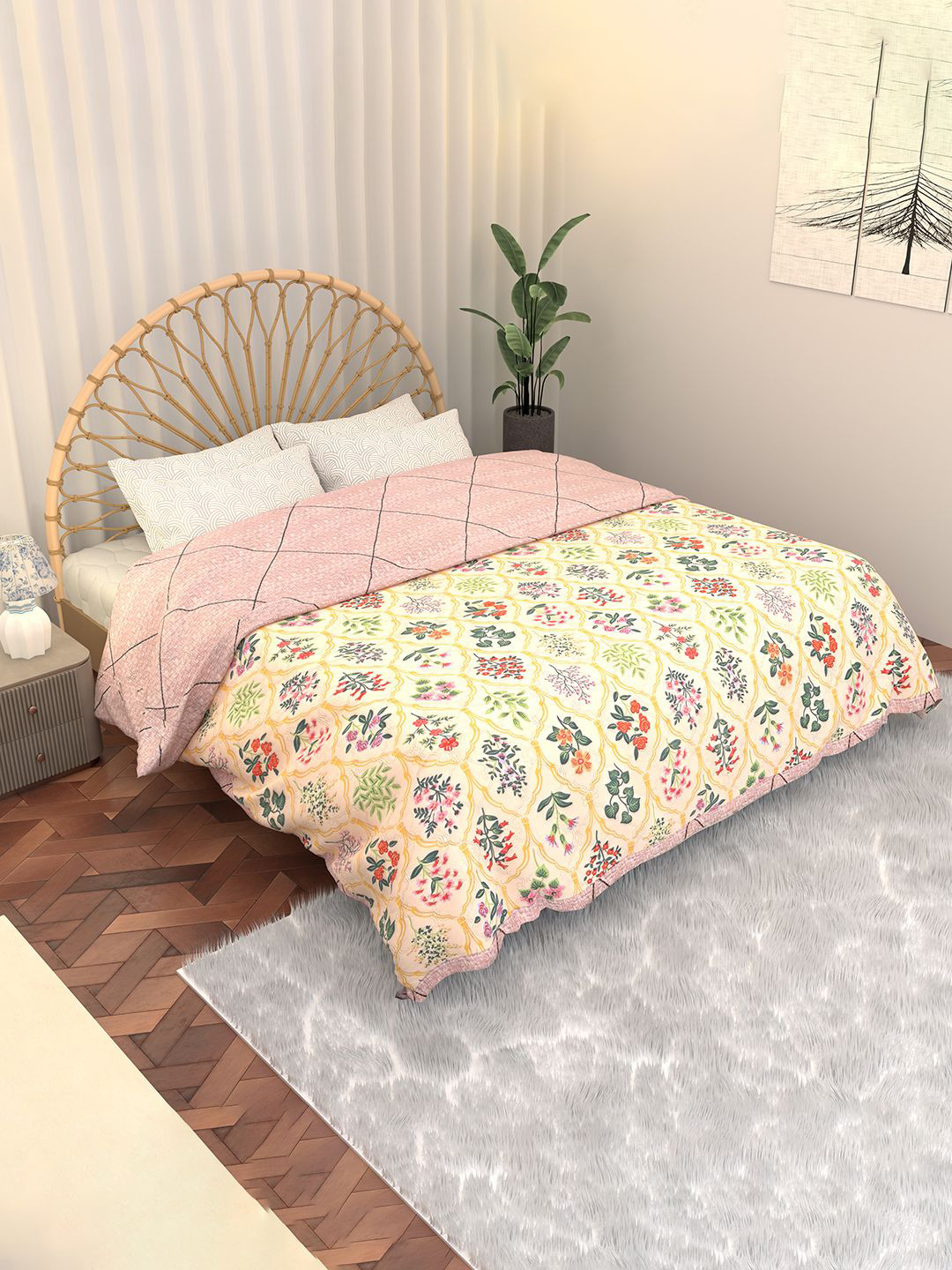 Kuber Industries Beige & Green Printed Microfiber AC Room 220 GSM Double Bed Comforter