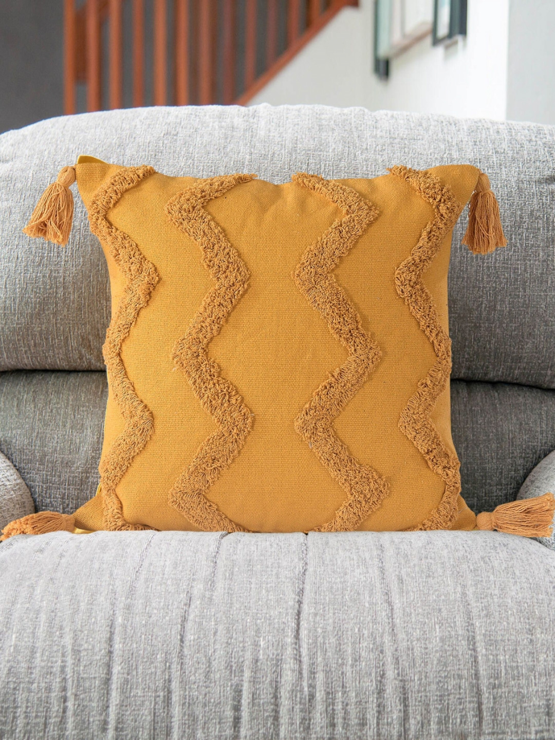 SASHAA WORLD Tufted Yellow Self Design Cotton Textured Square Cushion Cover -18x18In
