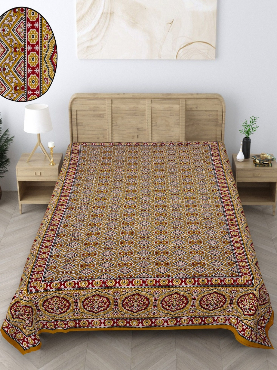 Texstylers Jaipuri Gold Floral Cotton 140 TC Single Bedsheet -60 x 90 inches