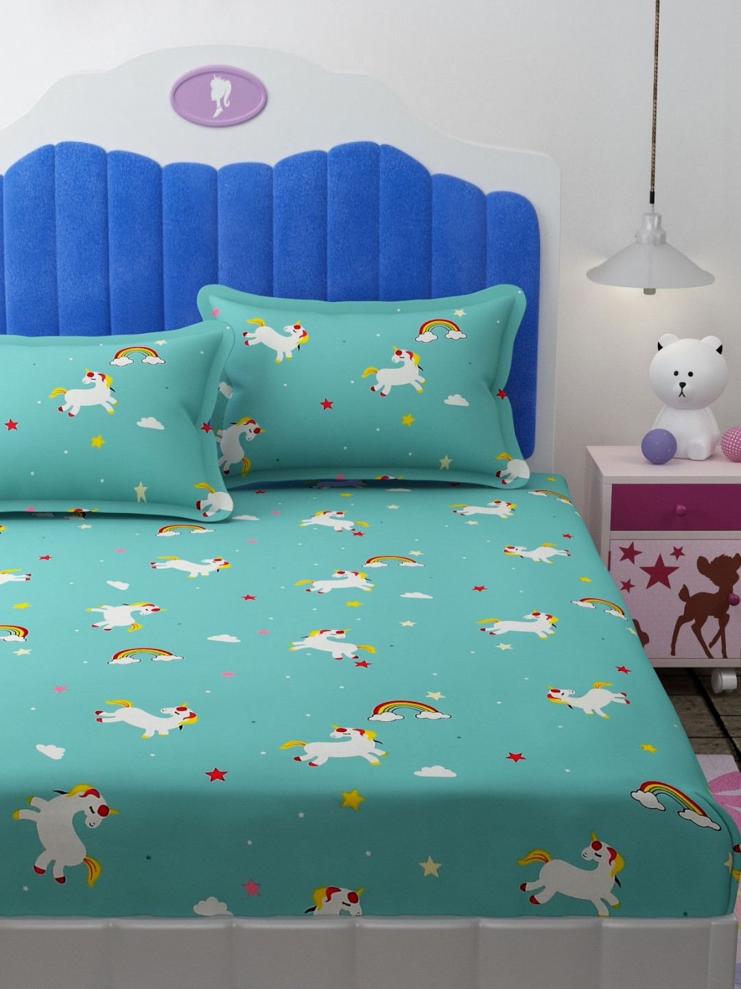 Florida Giggles Kids Green Graphic Microfiber Breathable 180 TC King Fine Bedsheet with 2 Pillow Covers-90 x 108 inches