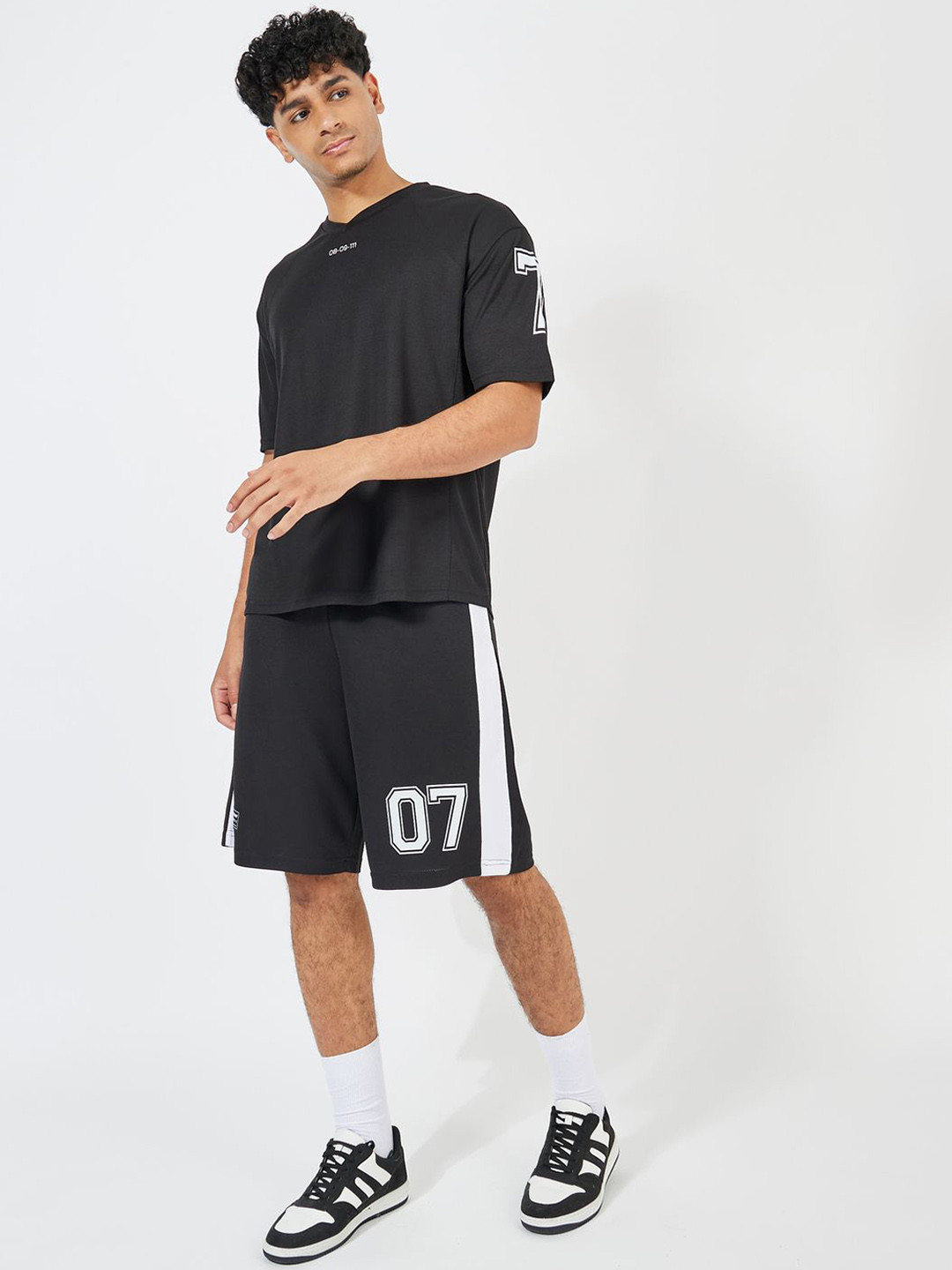 Styli Black Varsity Printed Oversized T-shirt & Shorts