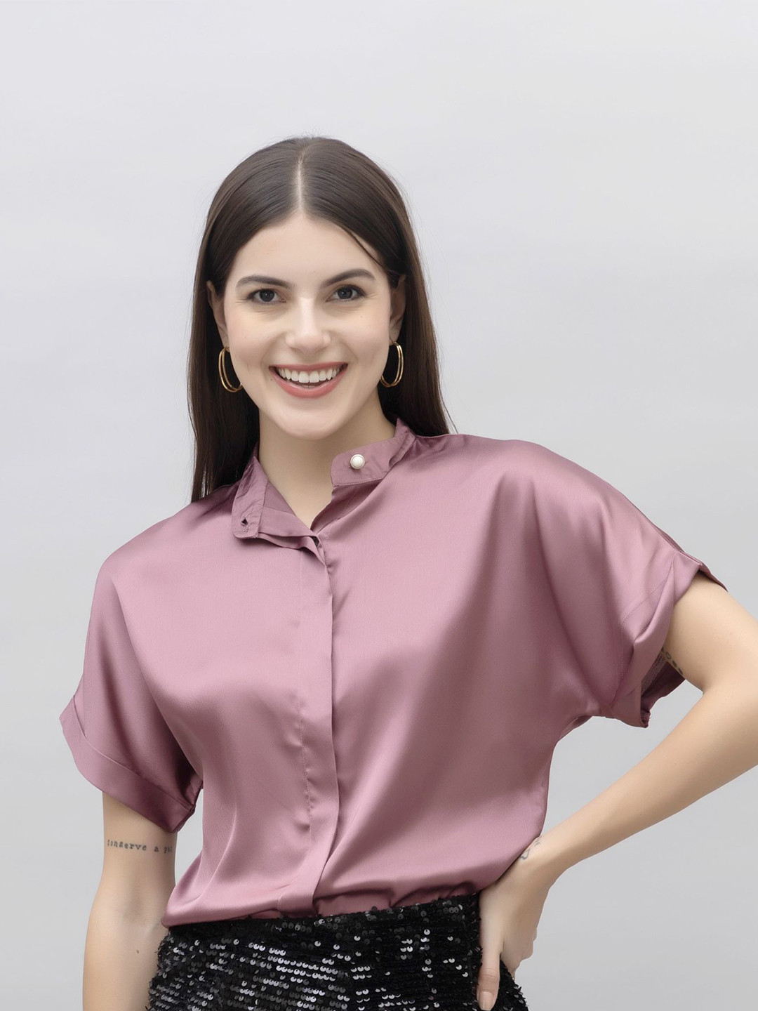 PURYS WORKSPACE Women Classic Band Collar Solid Formal Shirt