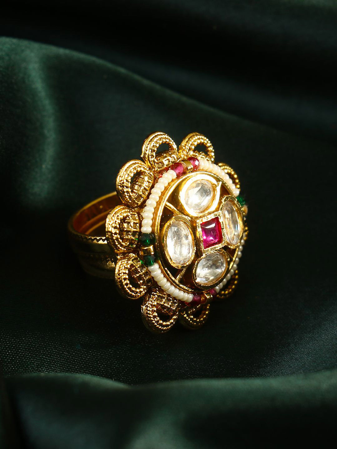 House of Pataudi Gold Plated Artificial Stones and Beads Studded Finger Ring