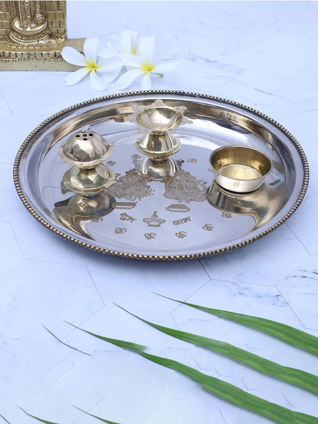 Two Moustaches 4Pcs Laxmi Ganesha Engraved Stainless Steel Pooja Thali Set
