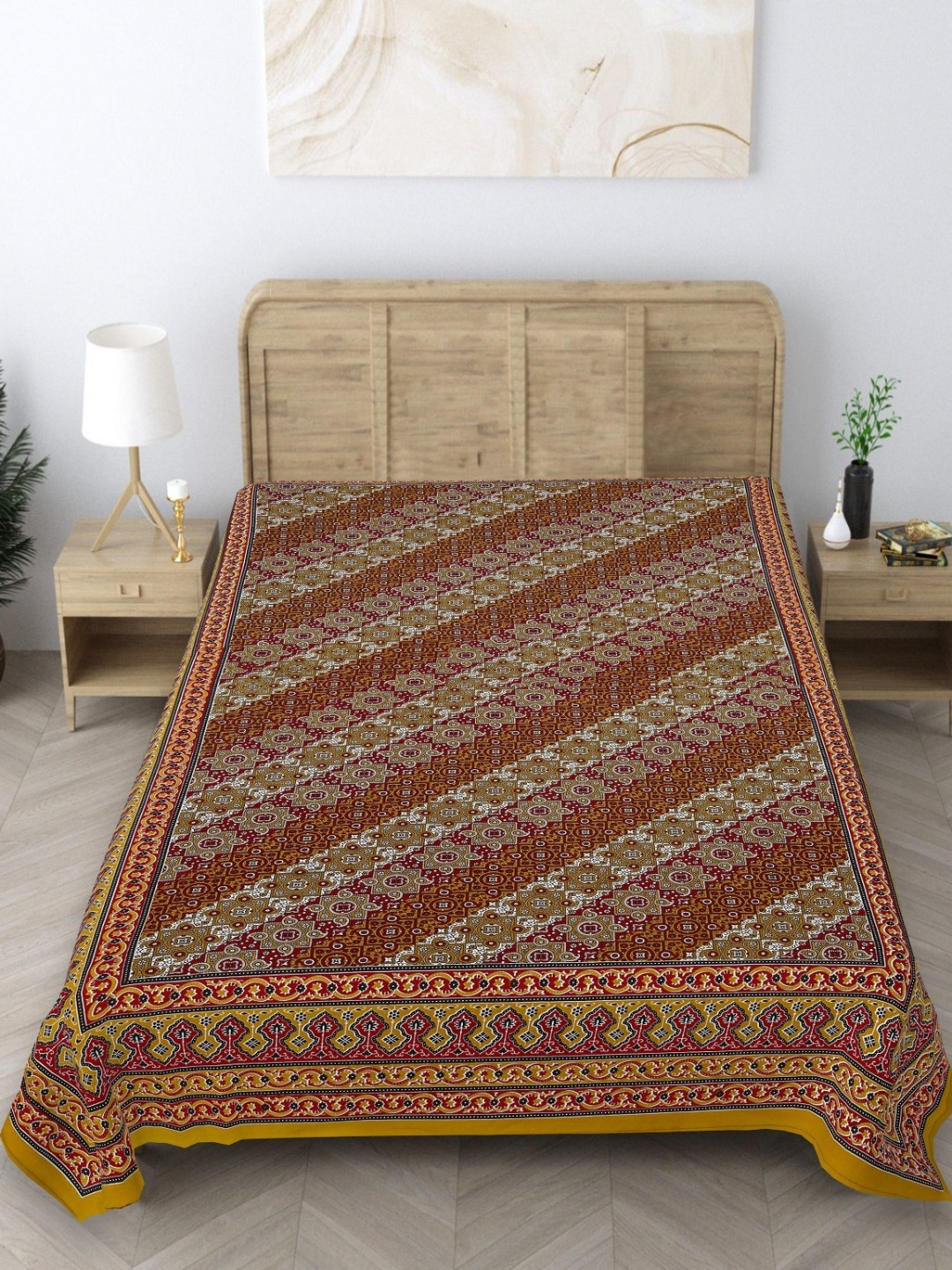 Texstylers Jaipuri Gold Graphic Cotton 140 TC Single Bedsheet -60 x 90 inches