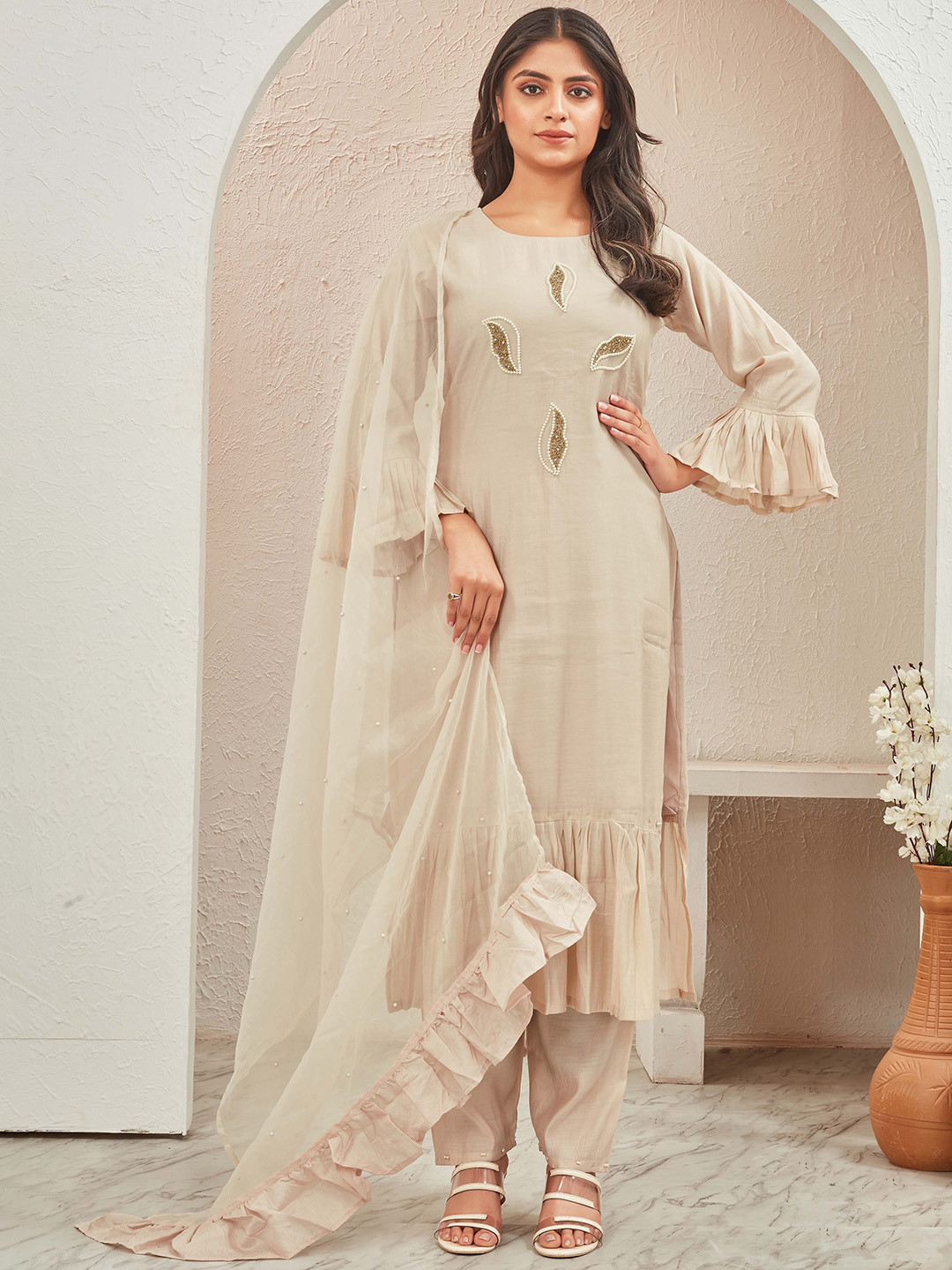 TWINS LADY Embroidered Chanderi Cotton Straight Kurta with Trousers & Dupatta