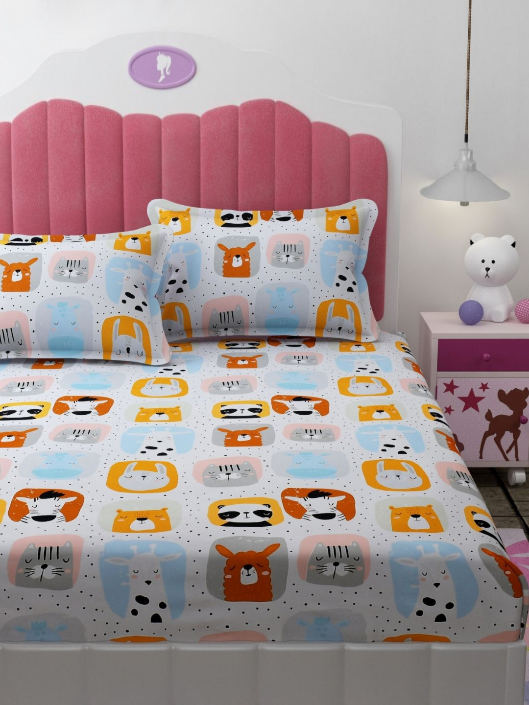 Florida Grey Graphic Pure Cotton Breathable 180 TC Fitted Queen Fine Bedsheet with 2 Pillow Covers-72 x 78 inches