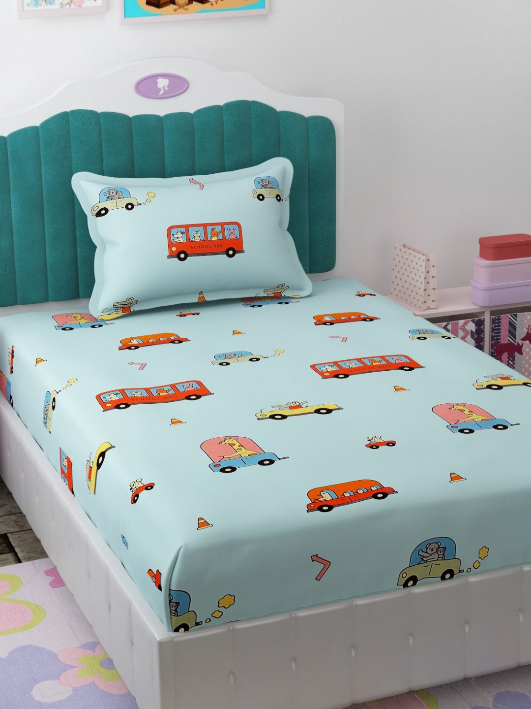 Florida Giggles Kids Blue Graphic Microfiber Breathable 180 TC Single Fine Bedsheet with a Pillow Cover-87 x 93 inches