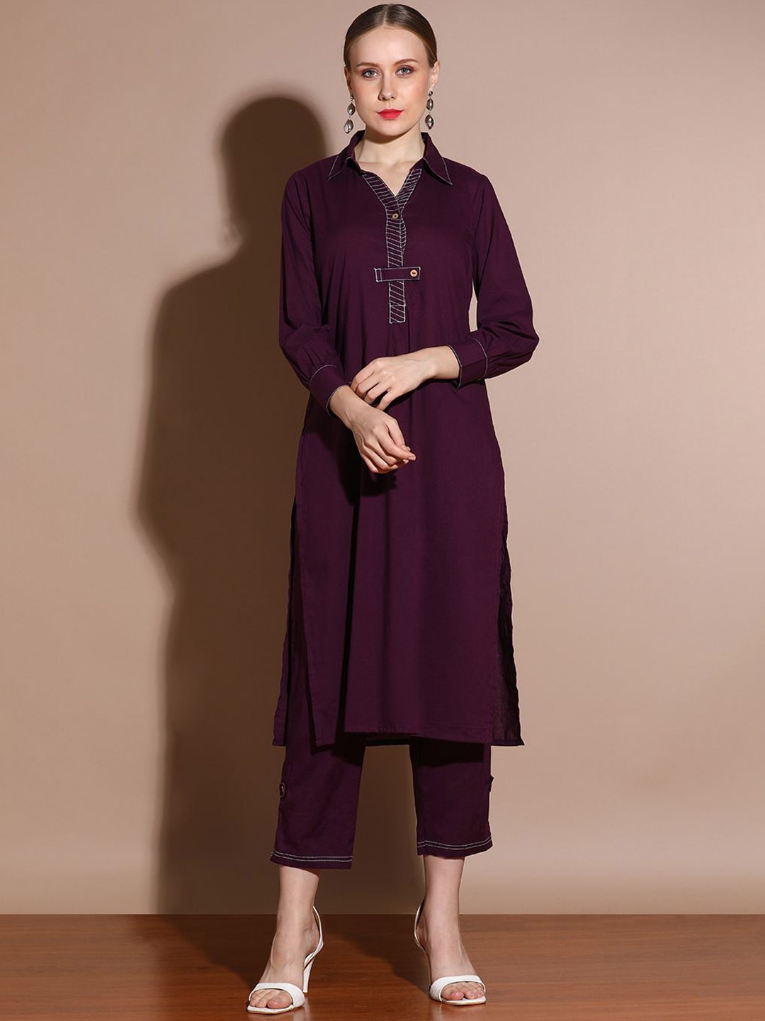 Anouk Regular Thread Work Pure Cotton Straight Kurta With Trousers - Kurta Sets for Women 30902513 | Myntra