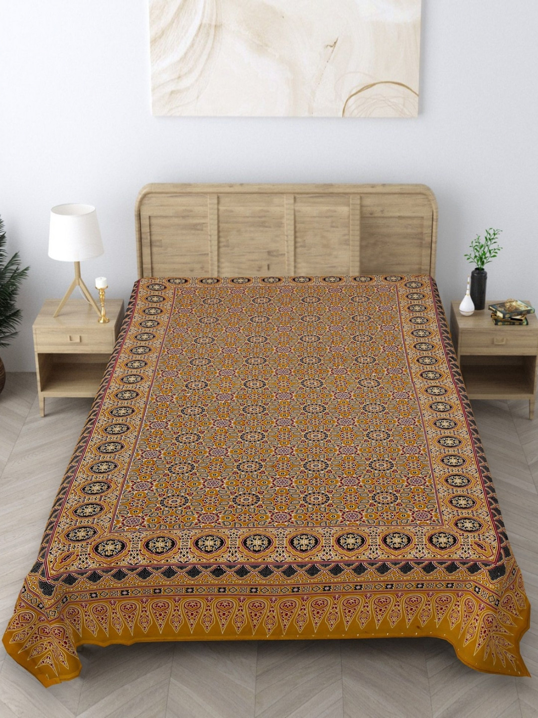 Texstylers Jaipuri Gold Ethnic Motifs Cotton 140 TC Double Bedsheet -60 x 90 inches