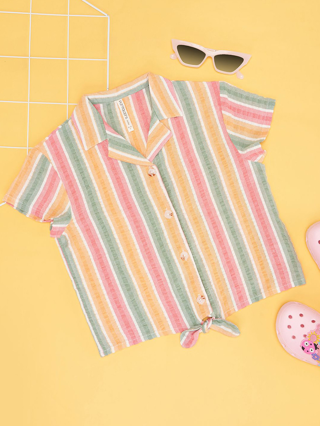 Pantaloons Junior Girls Vertical Striped Cuban Collar Cotton Top