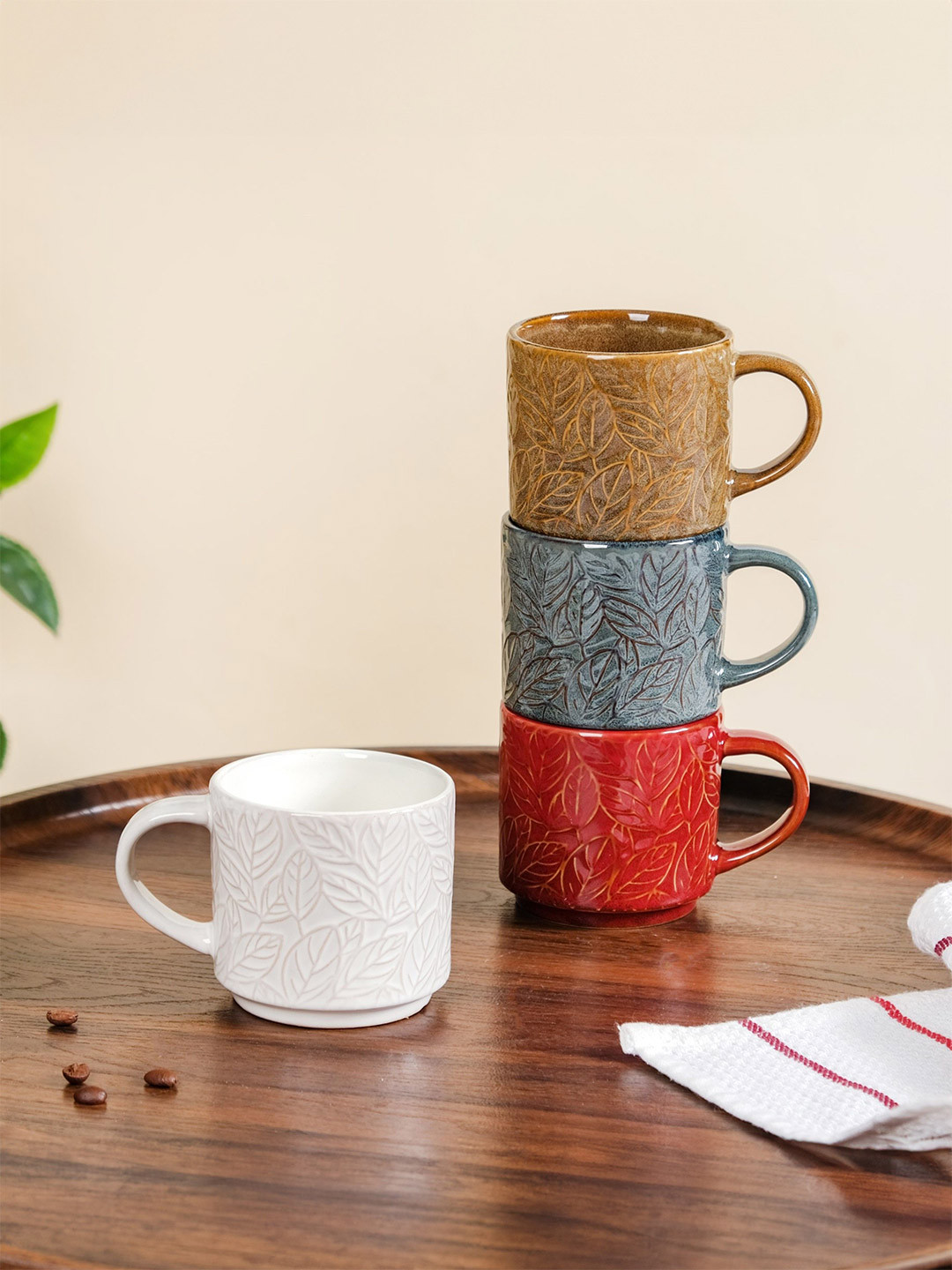 Nestasia Best Buddies Grey Leaf Ceramic Microwave Safe 4 Piece Cups-250ml